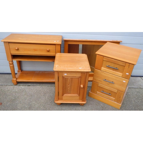 647 - A pine side table, bedside cabinet, modern oak framed mirror & chest (4)