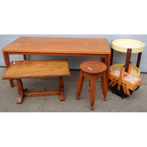 649 - A stool, oak coffee table, teak table, plastic occasional table & concertina sewing box (5)