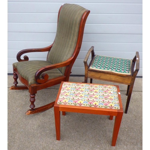 654 - A Victorian mahogany rocking chair together with a piano stool and another stool (3)