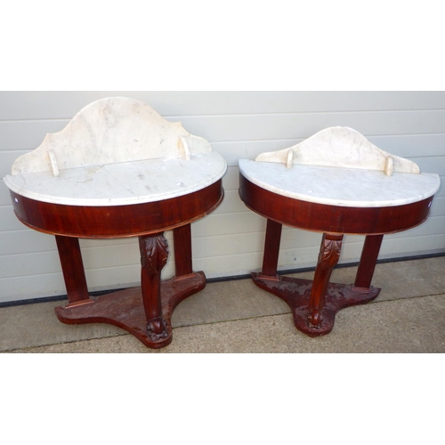 685 - Two Victorian mahogany marble topped side tables