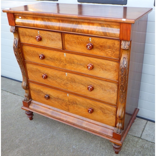 697 - A Victorian mahogany chest of drawers, 135cm wide, crack in top, marks to edge