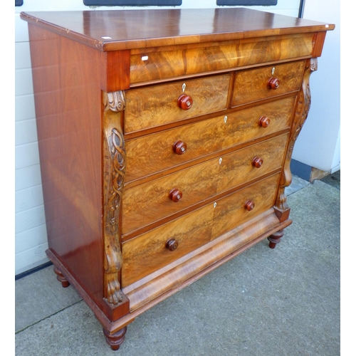 697 - A Victorian mahogany chest of drawers, 135cm wide, crack in top, marks to edge