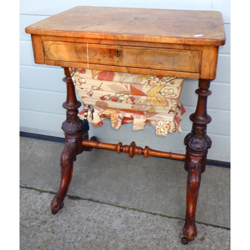 706 - A Victorian burr walnut work table, 56cm wide, old worm