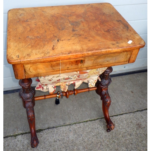 706 - A Victorian burr walnut work table, 56cm wide, old worm