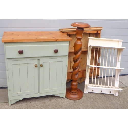 713 - A painted two door pine dresser base together with a plate rack, pine hanging shelf & a barleytwist ... 