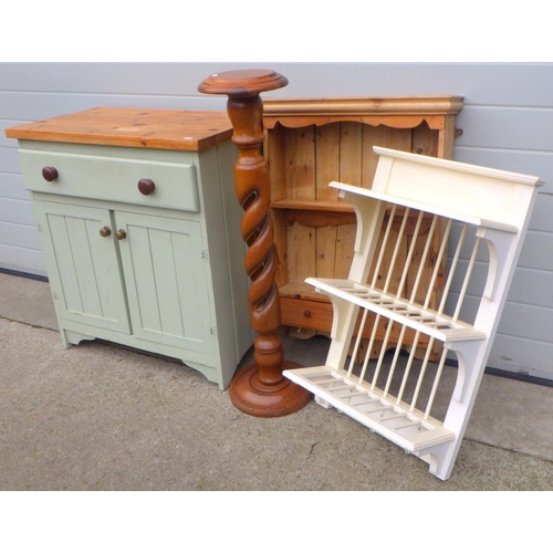 713 - A painted two door pine dresser base together with a plate rack, pine hanging shelf & a barleytwist ... 