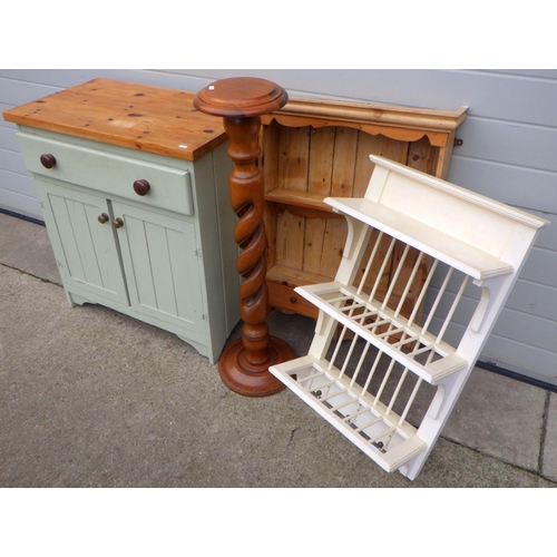 713 - A painted two door pine dresser base together with a plate rack, pine hanging shelf & a barleytwist ... 