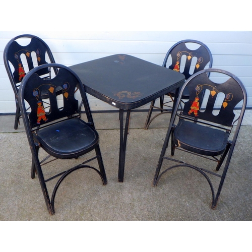 717 - A Louis Rastetter & Sons Solid Kumfort folding table, 73cm across & four chairs, some splits, black ... 