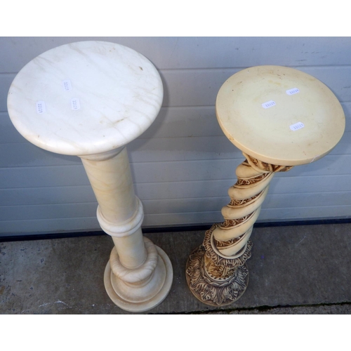 719 - A turned alabaster column, 104cm tall, together with a carved column (2)