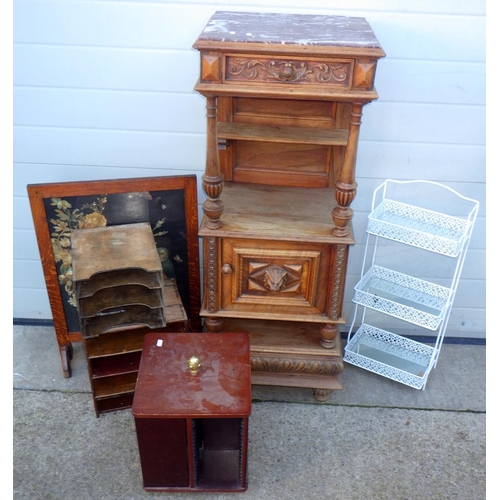 724 - A 19th cen French walnut narrow cupboard with marble top (a/f) together with a firescreen, two lette... 