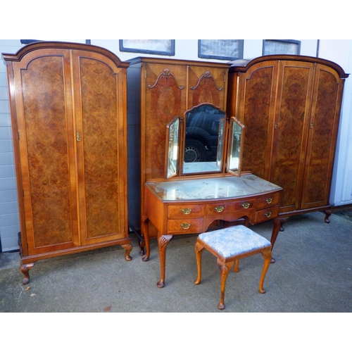 728 - A 1930's walnut three piece bedroom suite, incl lady's & gents wardrobe, dressing table & stool, tog... 