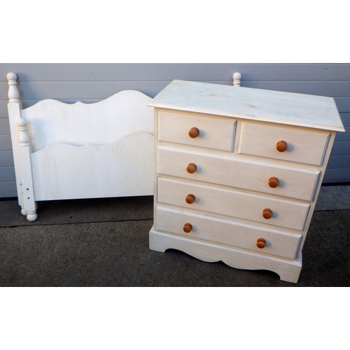 735 - A white painted chest of drawers together with a painted double bed frame, 157cm wide