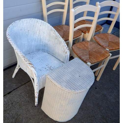 738 - A Lloyd Loom tub chair together with a linen basket and set of four rush seated dining chairs (6)