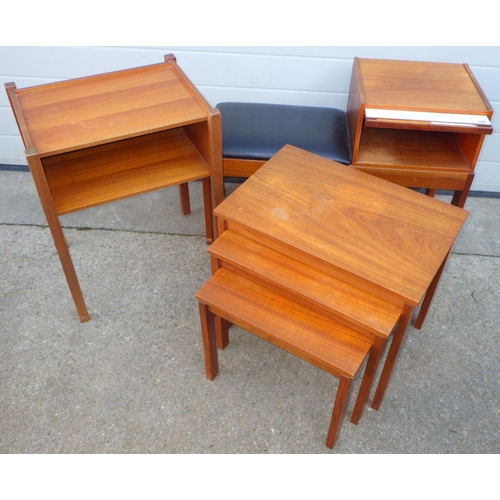 745 - A Chippy telephone seat, teak nest of three occasional tables, bedside table (3)