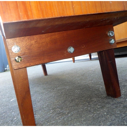 749 - A teak sideboard, 141cm wide together with a low bookcase, feet repaired and a corner cabinet (3)