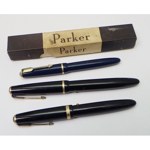 303 - Three Parker Duofold fountain pens, one boxed.