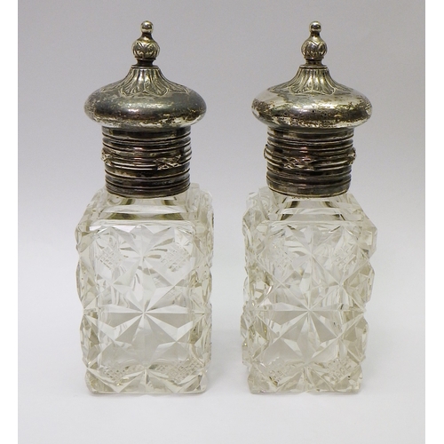 304 - A pair of 19th cent Russian cut glass scent bottles, white metal tops marked for Fyodor Ivanov, Mosc... 