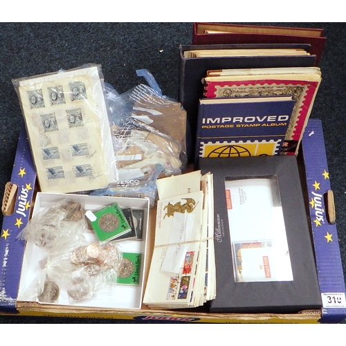 310 - Various coins incl commemorative crowns; a qty of postage stamps.