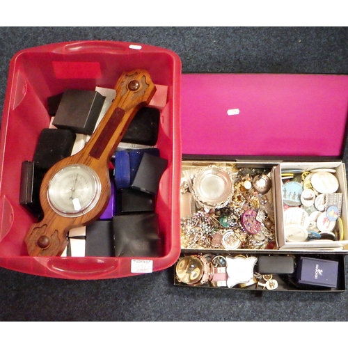 313 - Costume jewellery, jewellery boxes, pin badges and an oak barometer.