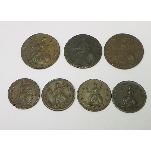 317 - Coins: a William & Mary 1694 farthing (strike error?); two George II farthings 1736 & 1754;  three G... 