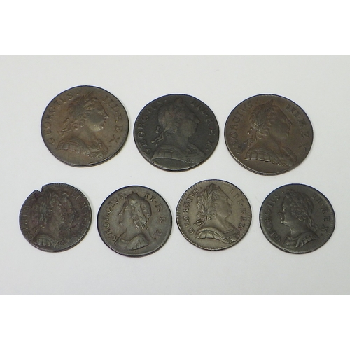 317 - Coins: a William & Mary 1694 farthing (strike error?); two George II farthings 1736 & 1754;  three G... 