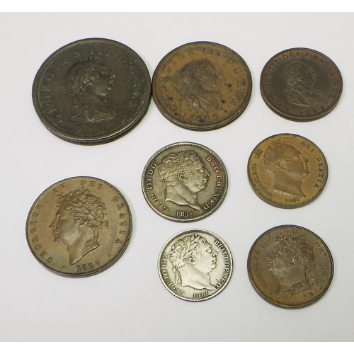 318 - Coins: a George III 1807 penny; a George III 1806 halfpenny; a George III 1799 farthing; a George II... 