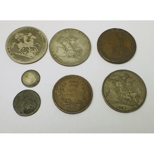 319 - Coins: a George III One Stiver Colonies of Essequebo & Demarary Token, 1813; a George III cartwheel ... 