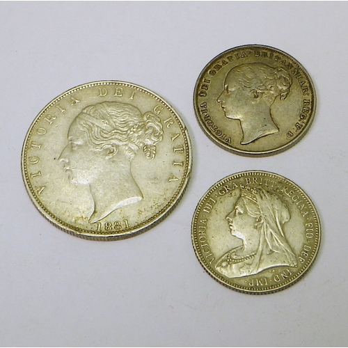 320 - Coins: a Victoria half crown 1881; two Victoria shillings 1846 & 1893. (3)