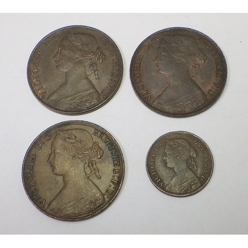 321 - Coins: three Victoria pennies 1860, 1861, 1861; a Victoria farthing 1860.  (4)