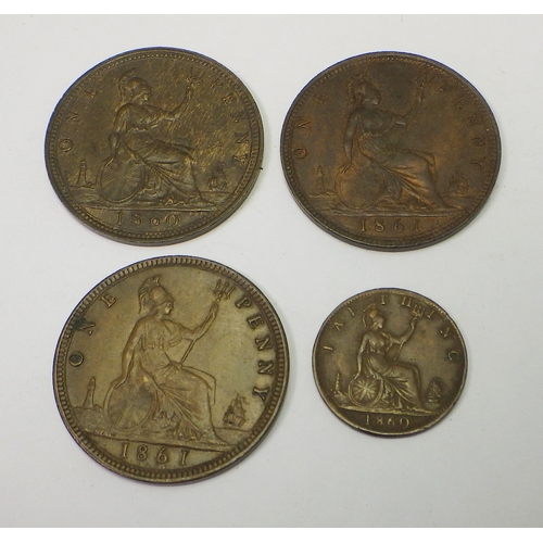 321 - Coins: three Victoria pennies 1860, 1861, 1861; a Victoria farthing 1860.  (4)