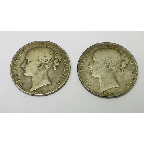 322 - Coins: two Victoria crowns 1844 and 1845.