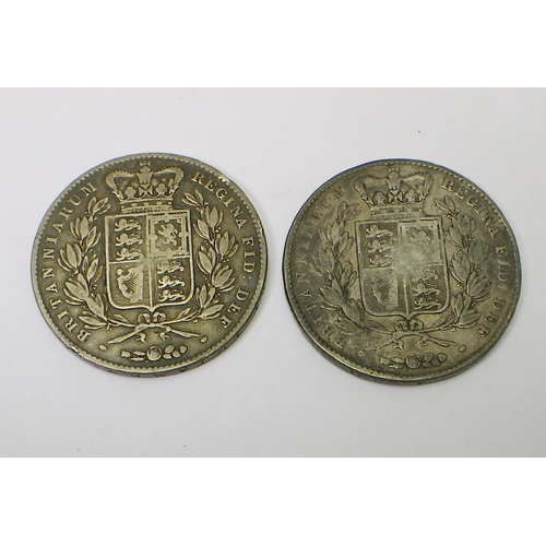 322 - Coins: two Victoria crowns 1844 and 1845.