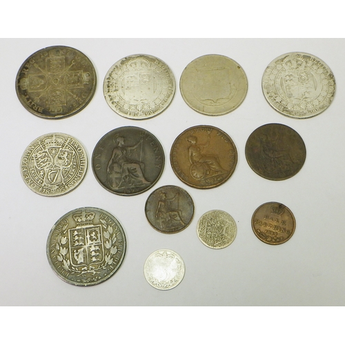 323 - Coins: a Victoria double florin 1887; other Victorian silver and copper issues.