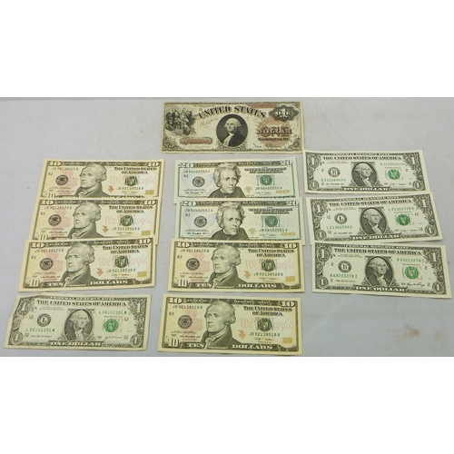 325 - Banknotes: a United States One Dollar bill, 1880 series; early 21st century Federal Reserve notes in... 