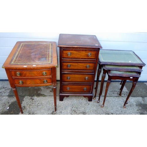 767 - A narrow reproduction mahogany chest of drawers, 44cm wide together with a leather topped occasional... 