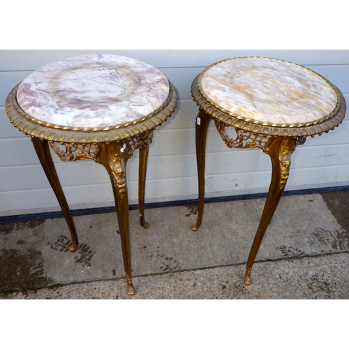 772 - A pair of circular gilt metal stands with marble/stone inset tops, 42cm across