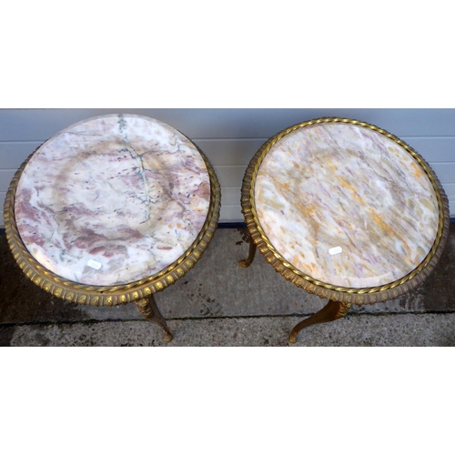 772 - A pair of circular gilt metal stands with marble/stone inset tops, 42cm across