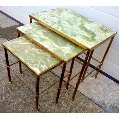 774 - A nest of three metal occasional tables with green onyx tops,  54cm wide