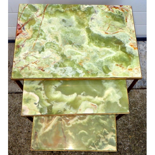 774 - A nest of three metal occasional tables with green onyx tops,  54cm wide