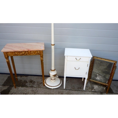 781 - A gilt side table, white bedside table, gilt triptych mirror, lamp standard in need of rewire (4)