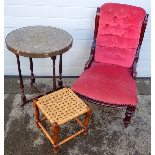 782 - A late Victorian nursing chair, brass topped occasional table and a stool (3)