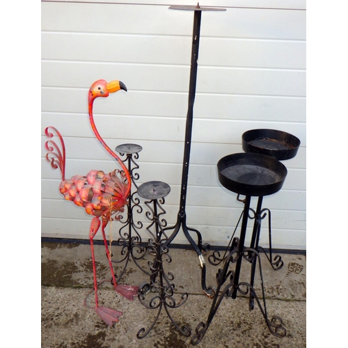 783 - A painted metal flamingo together with five metal stands (6)
