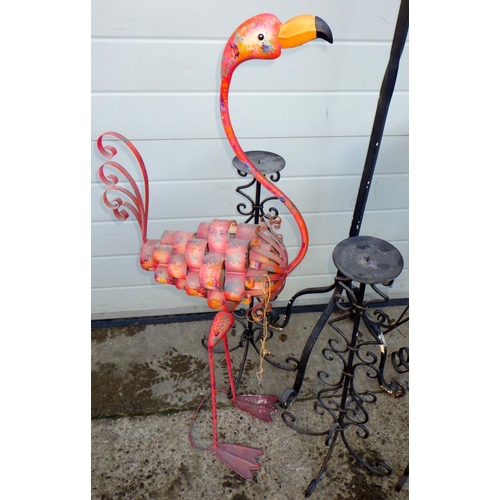 783 - A painted metal flamingo together with five metal stands (6)