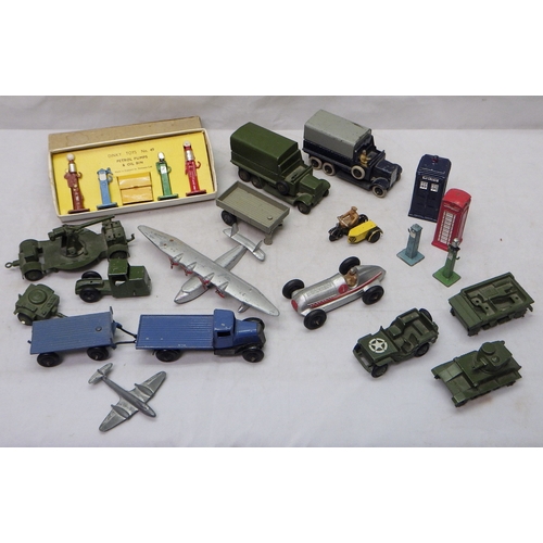 Dinky Toys Die-Casts: a 49 Petrol Pumps & Oil Bin set, boxed; a 44b AA Patrol Motorbike; a 23c Mercedes Racing Car; military interest and other 1940s models.