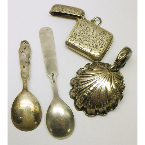 10 - A Victorian silver caddy spoon; a David-Andersen Norwegian white metal nursery spoon; other silver a... 