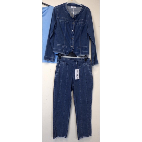 1002 - Coco Y frayed collar denim jacket and jeans, elasticated waist trousers, and blue tassel T shirt, al... 