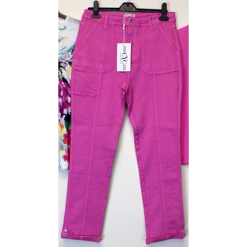 1068 - Coco Y Club pink cropped stretchy size 10 trousers together with hot pink vest with crochet detail a... 