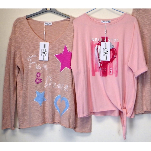 1072 - Coco Y Club: two rose coloured jumpers one plain and one with 'fun and peace' motif together with si... 