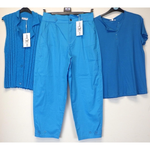 1093 - Coco Y Club Ibiza blue knitted waistcoat, matching T shirt with button neck and wide leg trousers. A... 