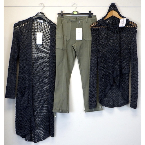 1099 - Coco Y Club pair of khaki trousers (size 10) together with a black long mesh cardigan and similar ho... 